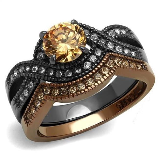TK2957-5 Women IP Light Black & IP Light Coffee Stainless Steel Ring with AAA Grade CZ in Champagne - Size 5