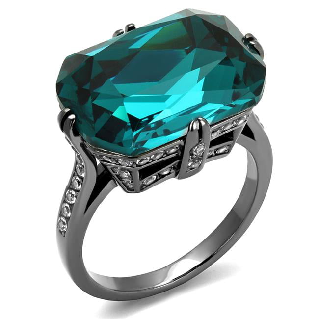 TK2998-7 Women IP Light Black Stainless Steel Ring with Top Grade Crystal in Blue Zircon - Size 7
