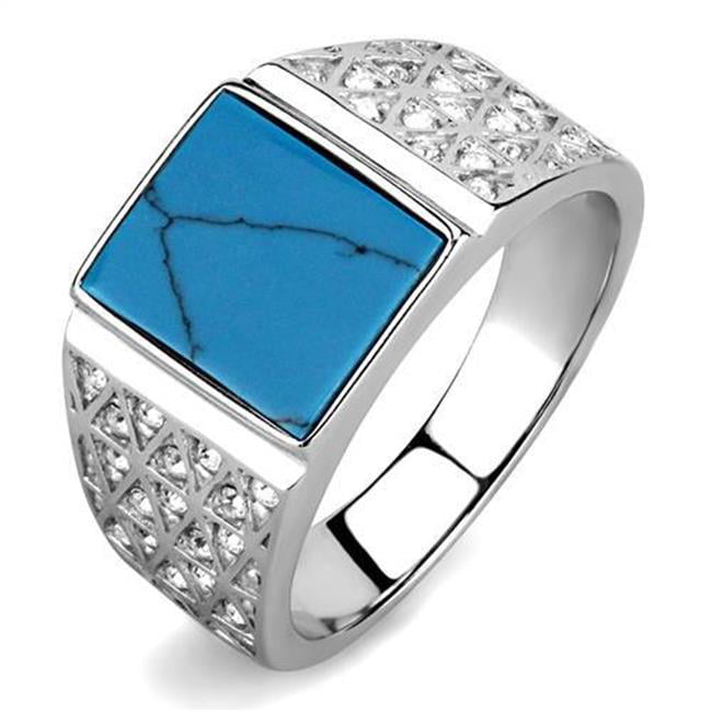 TK3004-12 Men High Polished Stainless Steel Ring with Synthetic in Sea Blue - Size 12