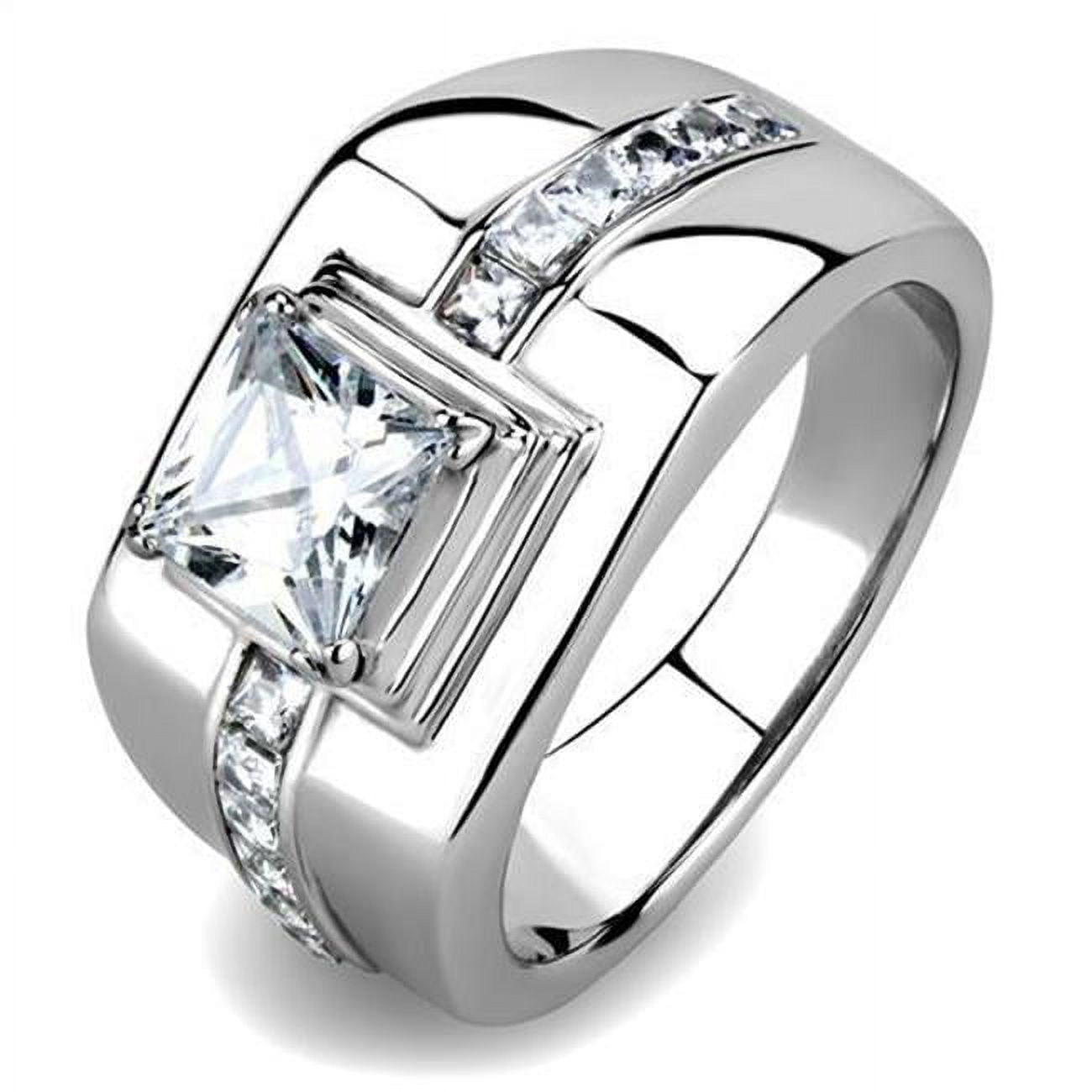 Men High Polished Stainless Steel Ring with AAA Grade CZ in Clear - Size 12