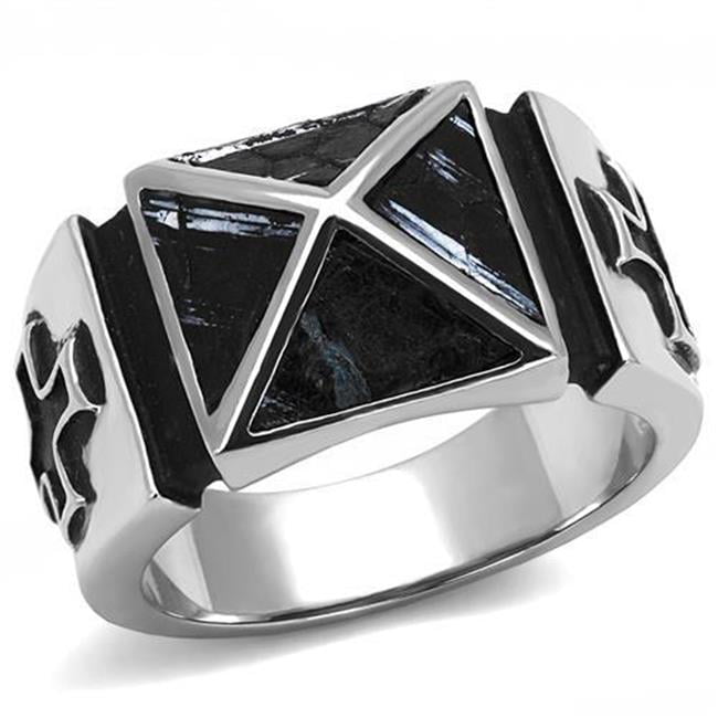 Men High Polished Stainless Steel Ring with Leather in Jet - Size 11