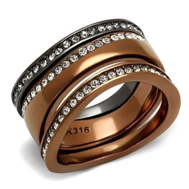 TK3082-10 Women IP Light Black & IP Light Coffee Stainless Steel Ring with Top Grade Crystal in Black Diamond - Size 10