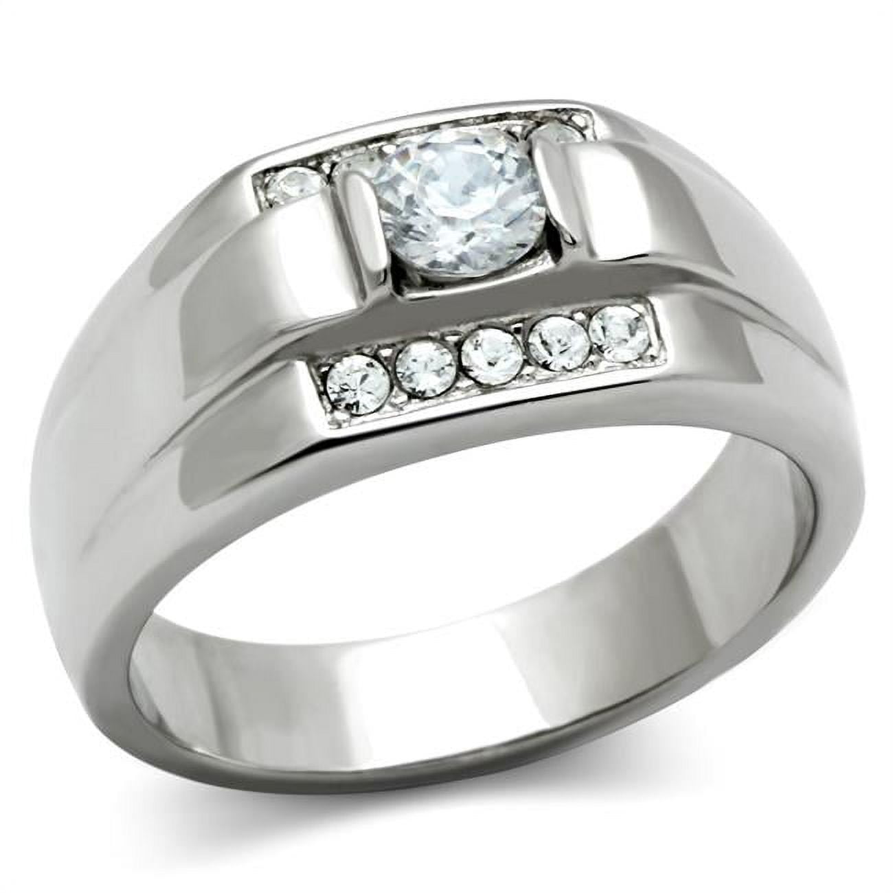 TK314-10 Men High Polished Stainless Steel Ring with AAA Grade CZ in Clear - Size 10