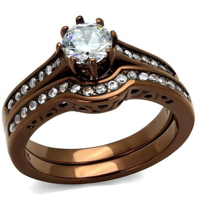 Women IP Coffee Light Stainless Steel Ring with AAA Grade CZ in Clear - Size 8