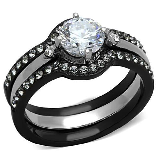 Women Two-Tone IP Black Stainless Steel Ring with AAA Grade CZ in Clear - Size 8