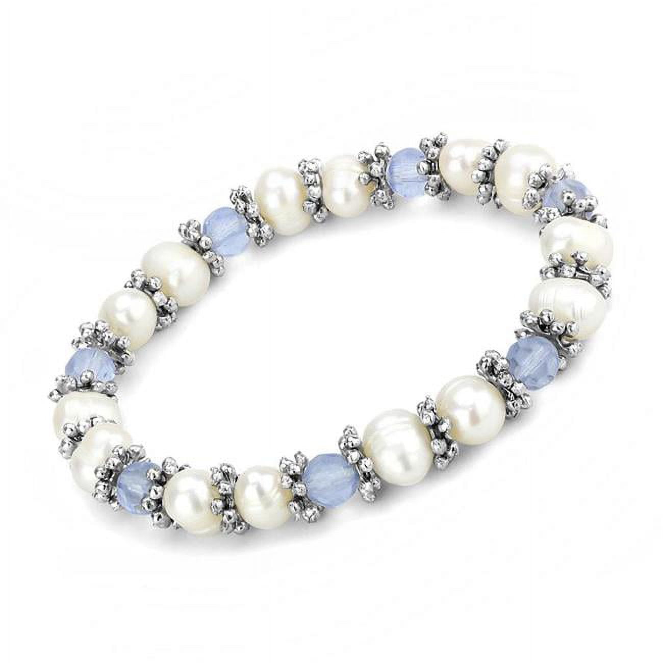 Women Antique Silver White Metal Bracelet with Synthetic in Sea Blue - 6.5 in.