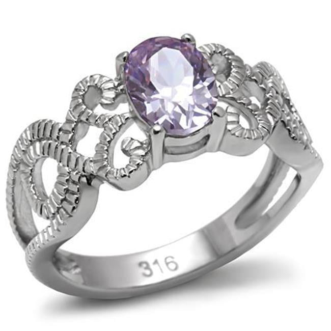 Women High Polished Stainless Steel Ring with AAA Grade CZ in Light Amethyst - Size 7