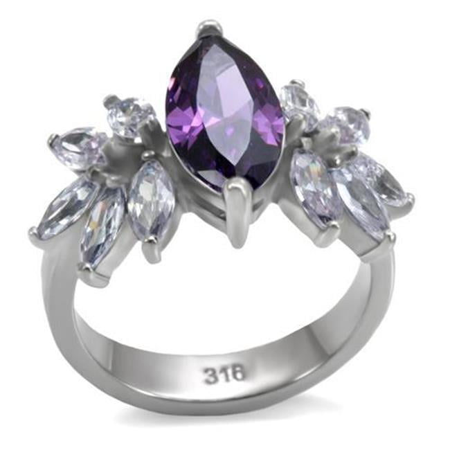 Women High Polished Stainless Steel Ring with AAA Grade CZ in Amethyst - Size 10