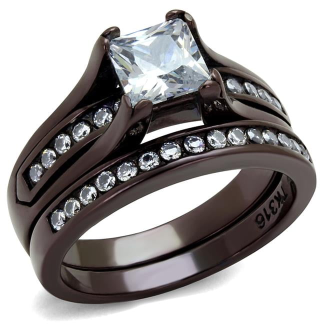 TK0W383DC-7 Women IP Dark Brown Stainless Steel Ring with AAA Grade CZ in Clear - Size 7