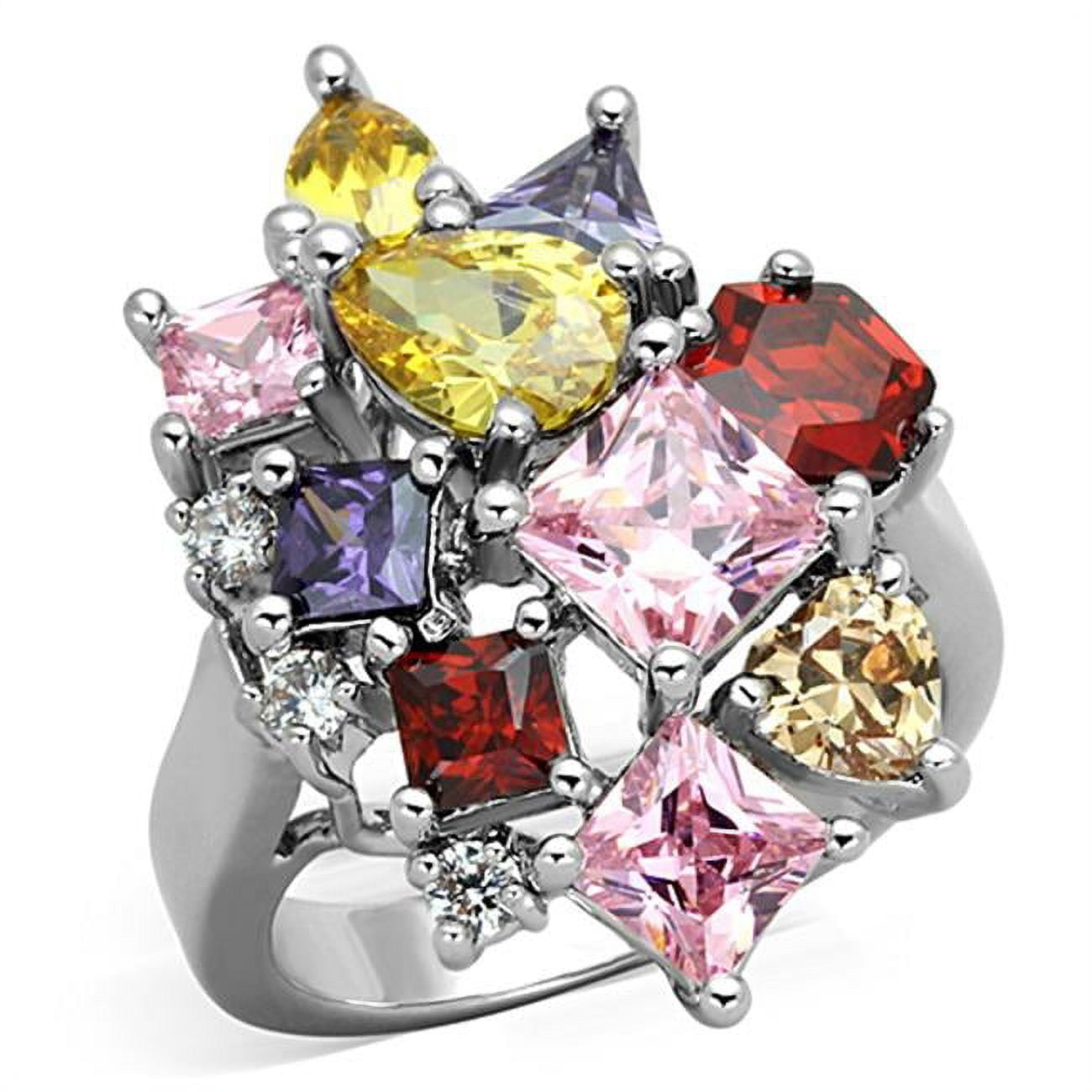 Women Rhodium Brass Ring with AAA Grade CZ in Multi Color - Size 6