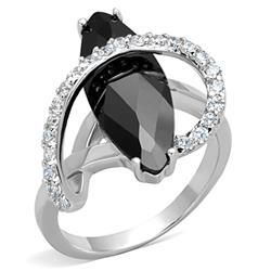 Women Rhodium Brass Ring with AAA Grade CZ in Jet - Size 9