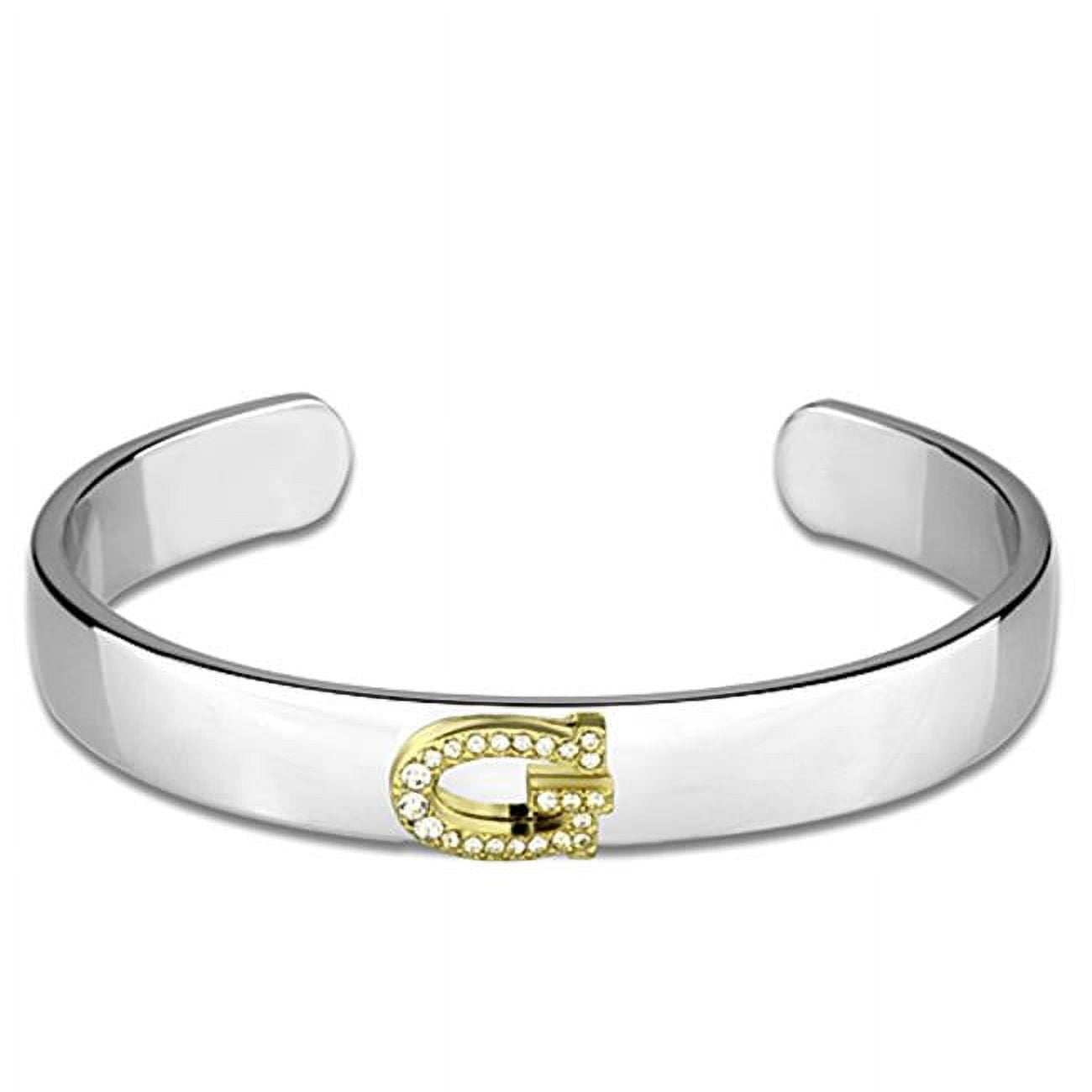 LO3617-6.75 Women Reverse Two-Tone White Metal Bangle with Top Grade Crystal in Clear - 6.75 in.
