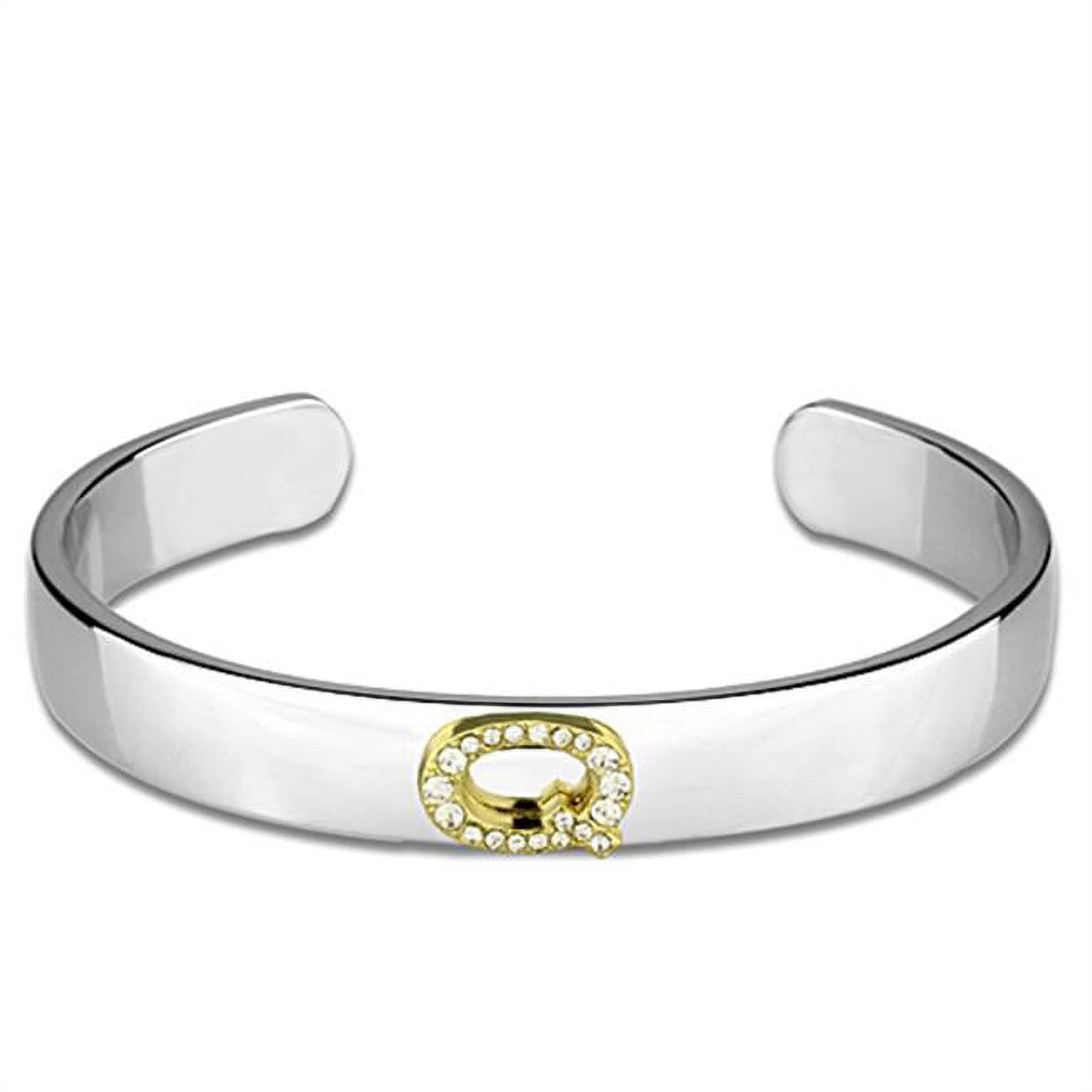 Women Reverse Two-Tone White Metal Bangle with Top Grade Crystal in Clear - 6.75 in.