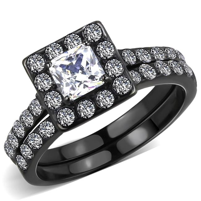 Women IP Black Stainless Steel Ring with AAA Grade CZ in Clear - Size 7