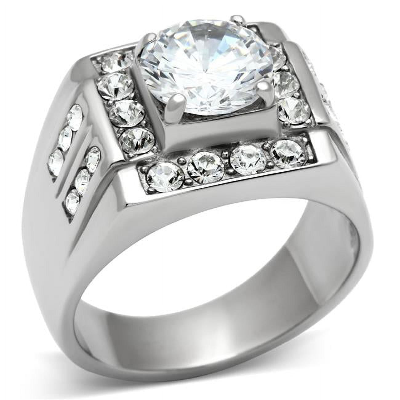 Men High Polished Stainless Steel Ring with AAA Grade CZ in Clear - Size 12