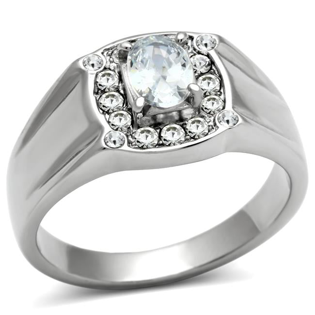 Men High Polished Stainless Steel Ring with AAA Grade CZ in Clear - Size 10