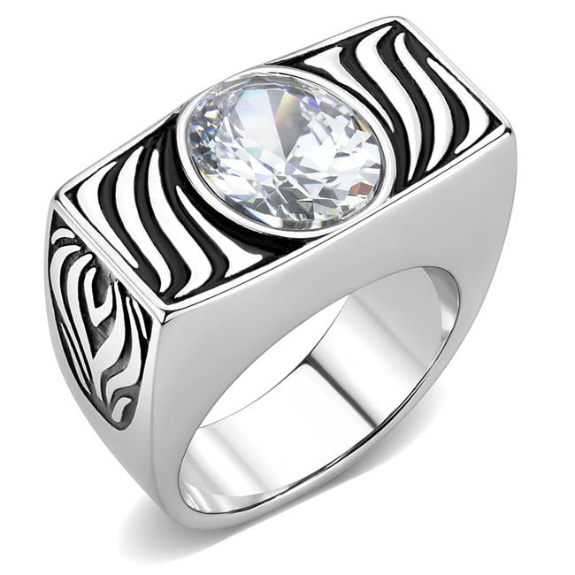 Men High Polished Stainless Steel Ring with AAA Grade CZ in Clear - Size 10