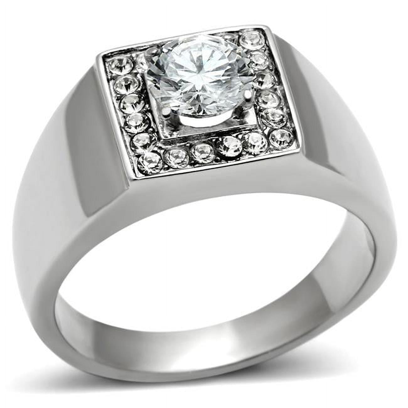 Men High Polished Stainless Steel Ring with AAA Grade CZ in Clear - Size 13
