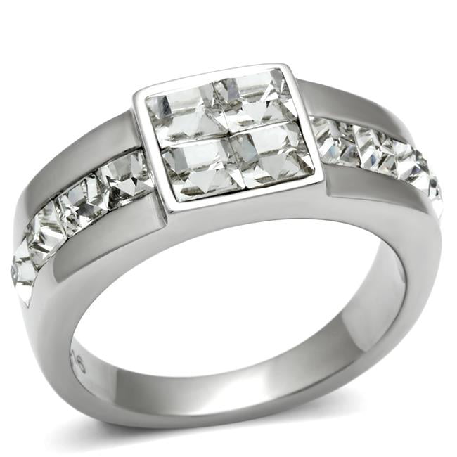 TK487-8 Men High Polished Stainless Steel Ring with Top Grade Crystal in Clear - Size 8