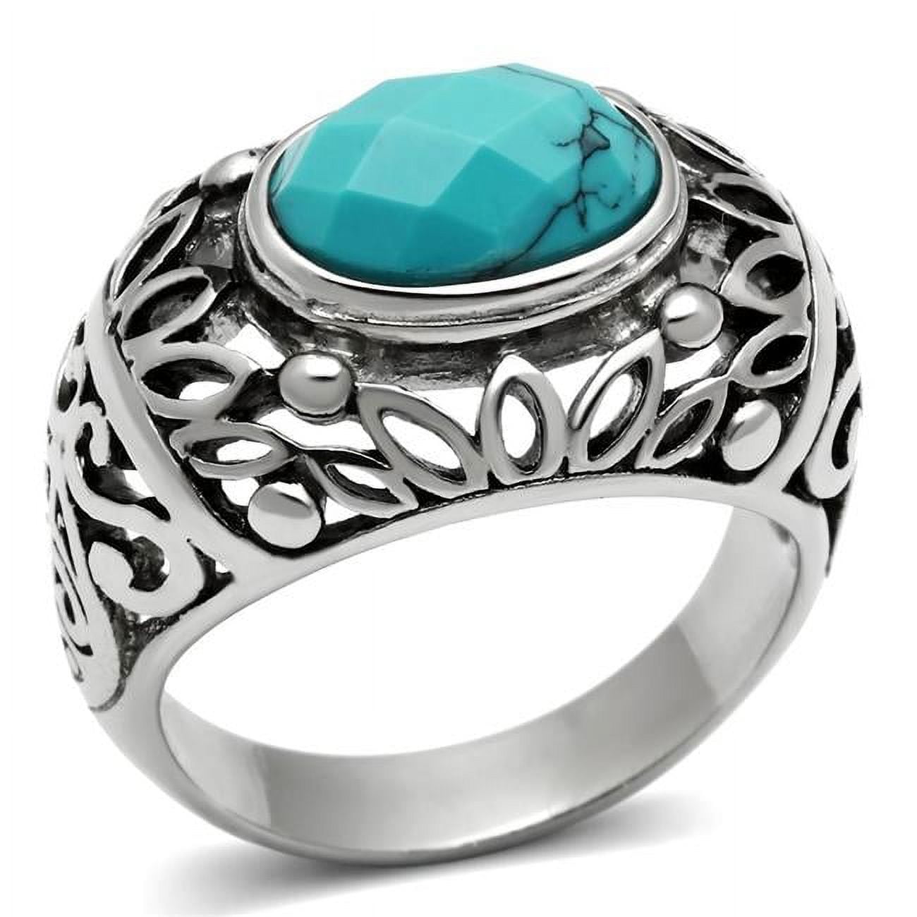 TK498-9 Men High Polished Stainless Steel Ring with Synthetic in Sea Blue - Size 9