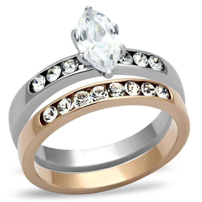 Women Two-Tone IP Rose Gold Stainless Steel Ring with AAA Grade CZ in Clear - Size 10