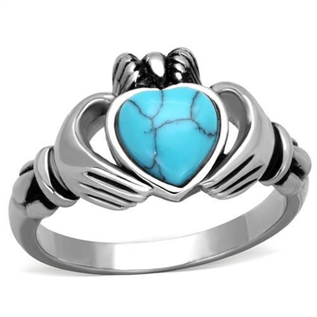 Women High Polished Stainless Steel Ring with Synthetic in Sea Blue - Size 5