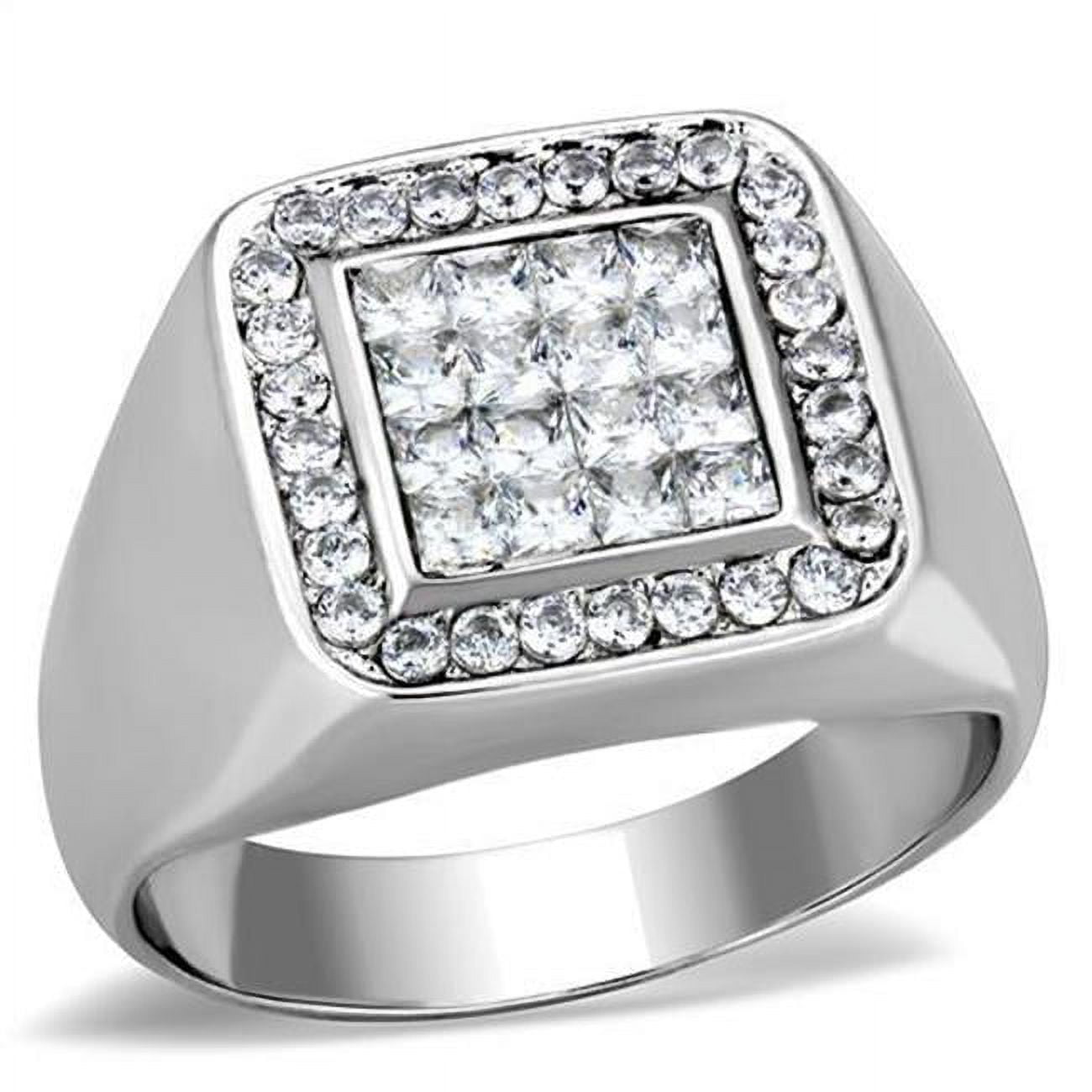Men High Polished Stainless Steel Ring with AAA Grade CZ in Clear - Size 11