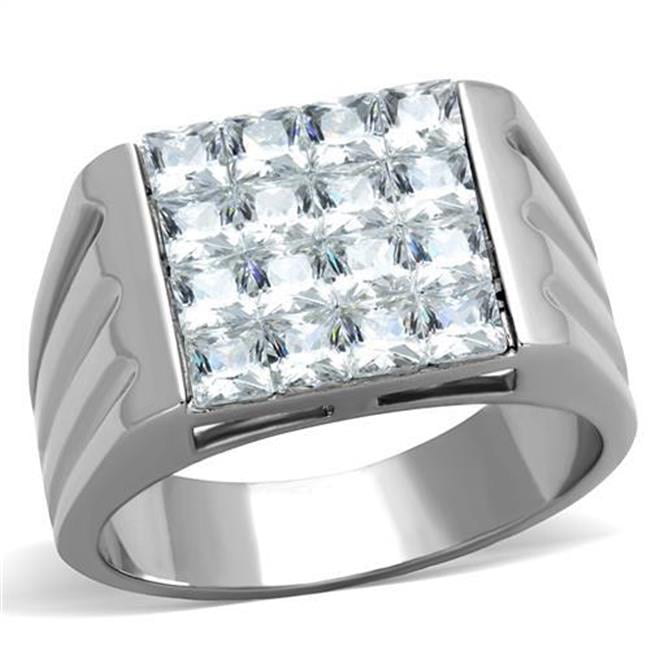 Men High Polished Stainless Steel Ring with AAA Grade CZ in Clear - Size 13