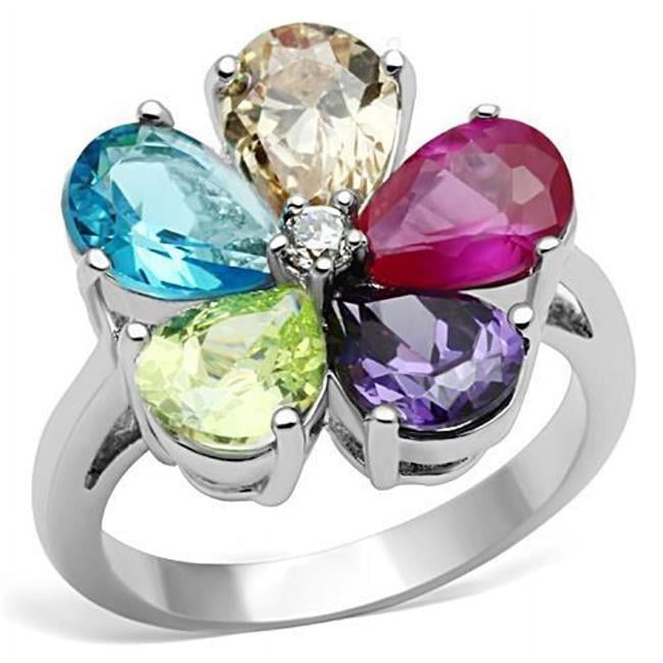 Women Rhodium Brass Ring with AAA Grade CZ in Multi Color - Size 5