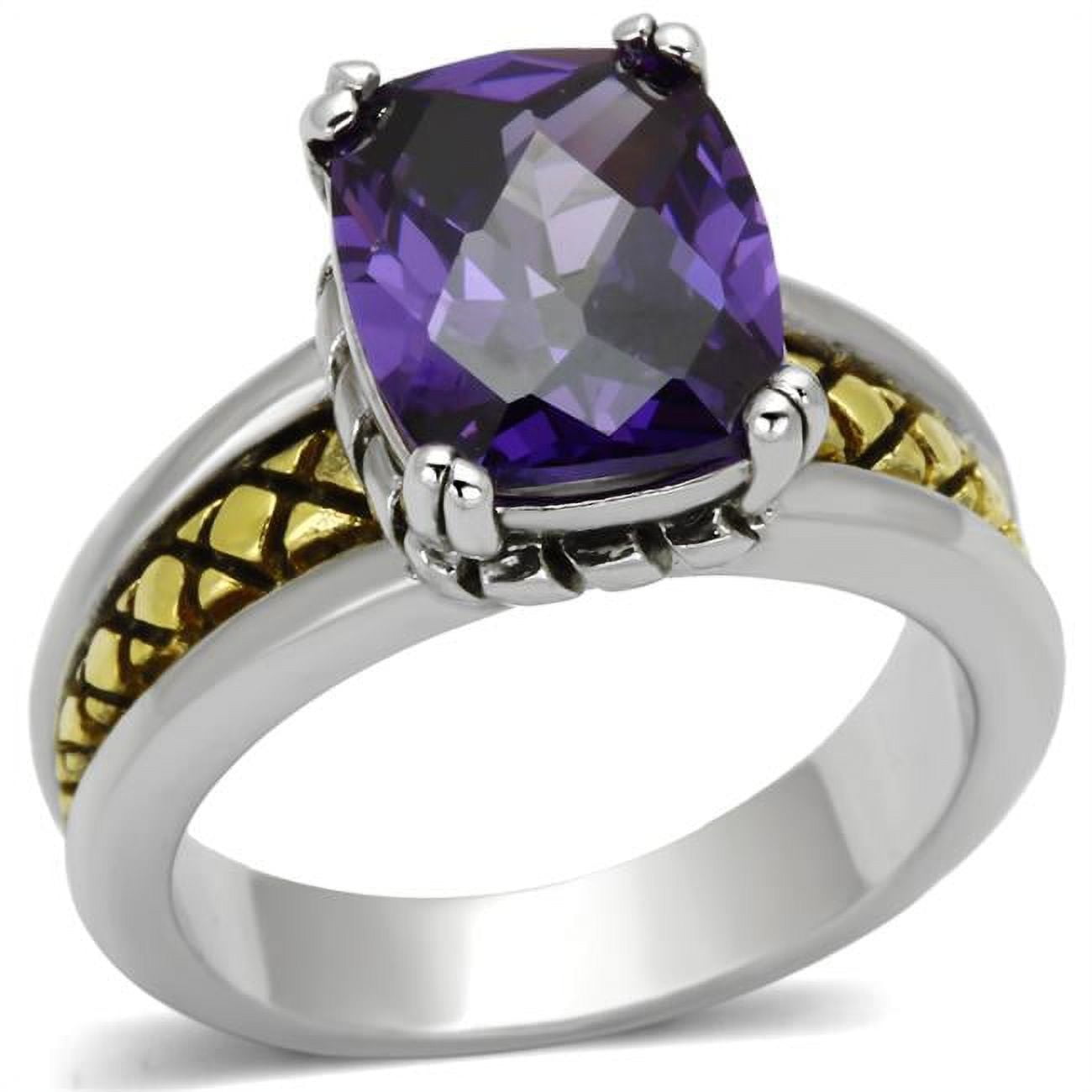 3W331-6 Women Reverse Two-Tone Brass Ring with AAA Grade CZ in Amethyst - Size 6
