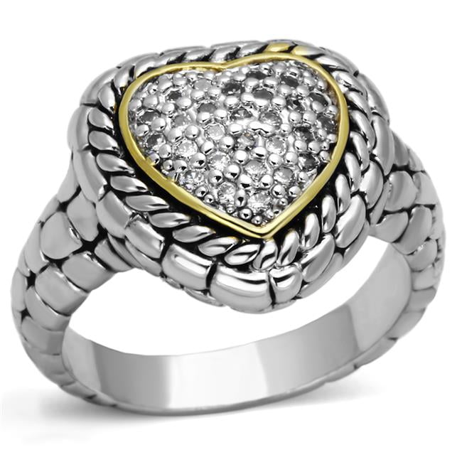 Women Reverse Two-Tone Brass Ring with AAA Grade CZ in Clear - Size 7
