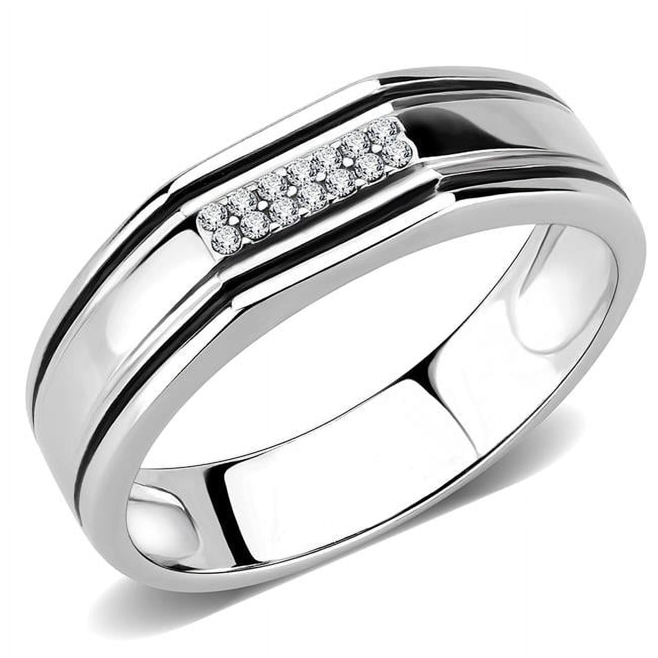 Men High Polished Stainless Steel Ring with AAA Grade CZ in Clear - Size 8