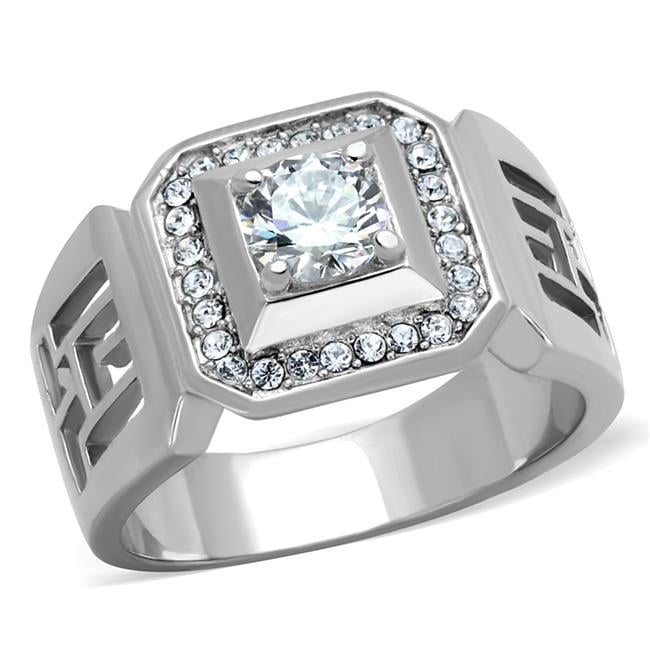 TK2046-12 Men High Polished Stainless Steel Ring with AAA Grade CZ in Clear - Size 12