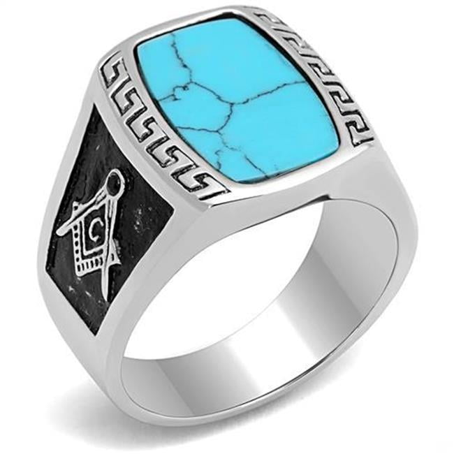 TK3044-11 Men High Polished Stainless Steel Ring with Synthetic in Sea Blue - Size 11