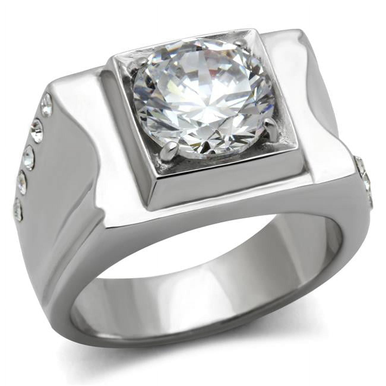 Men High Polished Stainless Steel Ring with AAA Grade CZ in Clear - Size 8