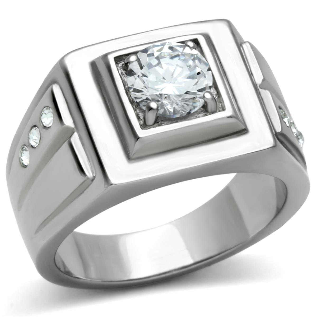 TK313-8 Men High Polished Stainless Steel Ring with AAA Grade CZ in Clear - Size 8