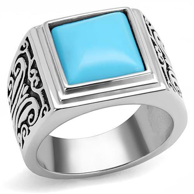 TK3188-10 Men High Polished Stainless Steel Ring with Synthetic in Sea Blue - Size 10