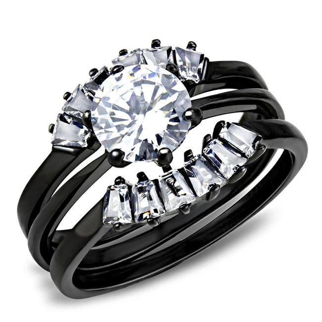 Women IP Black Stainless Steel Ring with AAA Grade CZ in Clear - Size 8