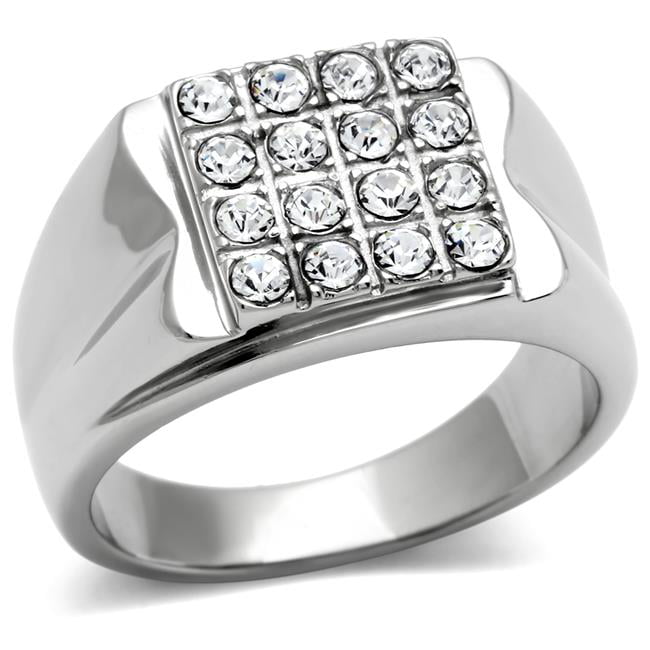 TK359-8 Men High Polished Stainless Steel Ring with Top Grade Crystal in Clear - Size 8