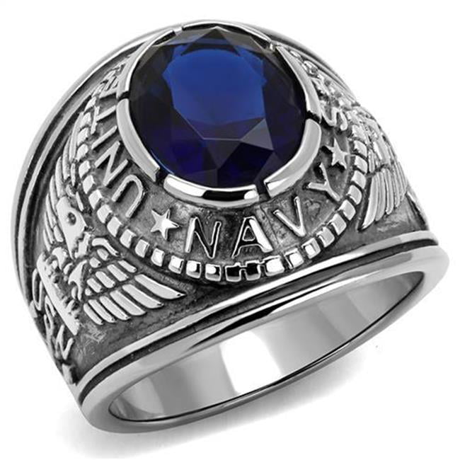 TK414707-11 Men High Polished Stainless Steel Ring with Synthetic in Sapphire - Size 11
