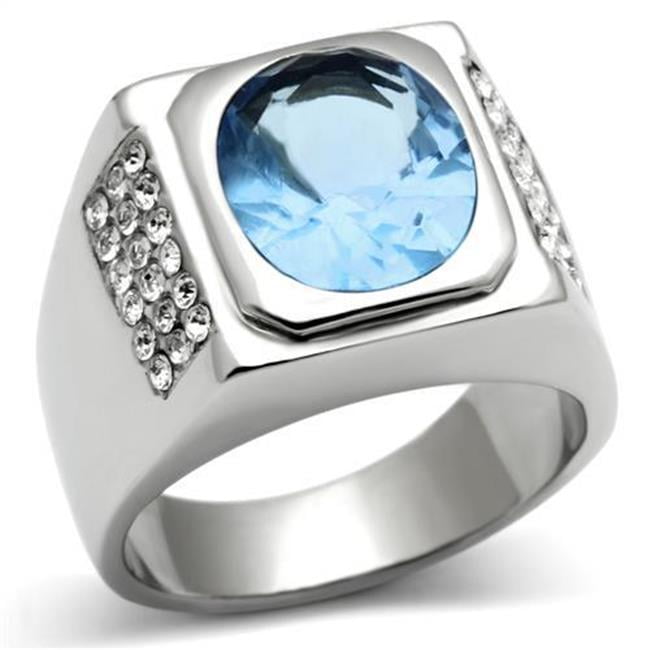 TK500-11 Men High Polished Stainless Steel Ring with Synthetic in Light Sapphire - Size 11