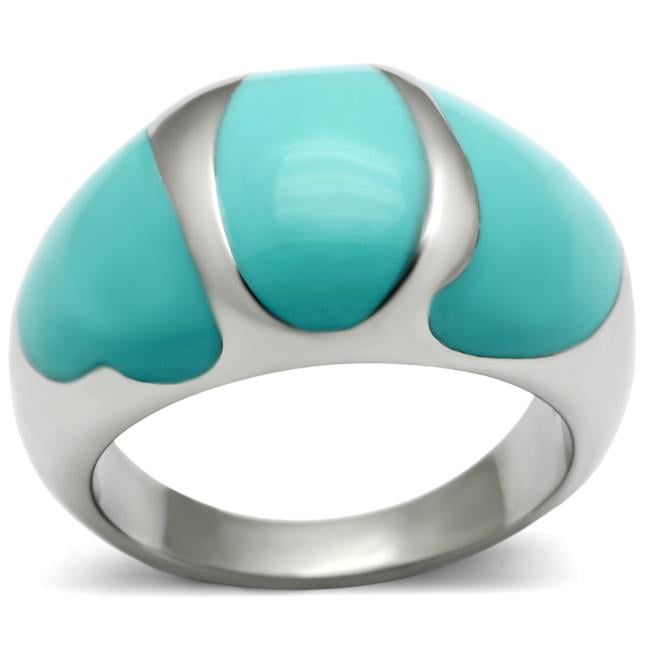 Women High Polished Stainless Steel Ring with Epoxy in Turquoise - Size 6