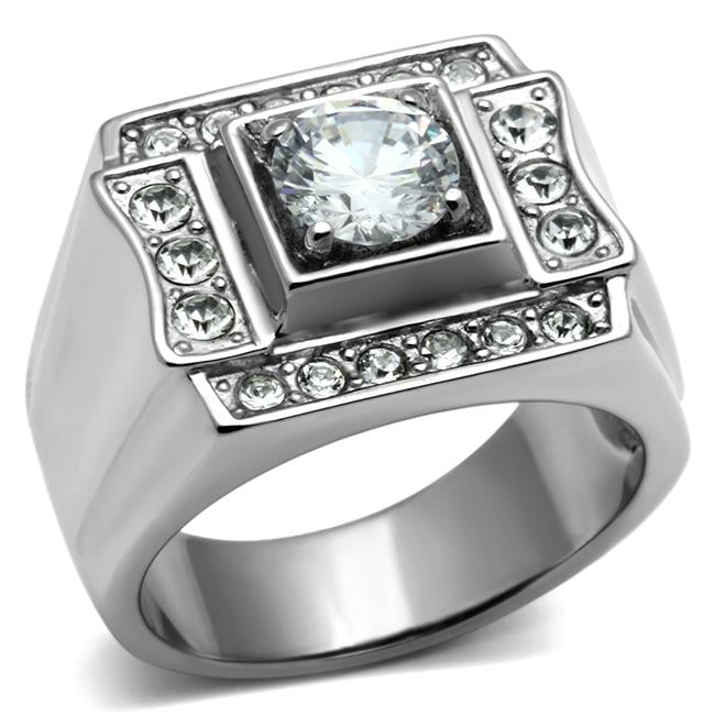 TK593-8 Men High Polished Stainless Steel Ring with AAA Grade CZ in Clear - Size 8