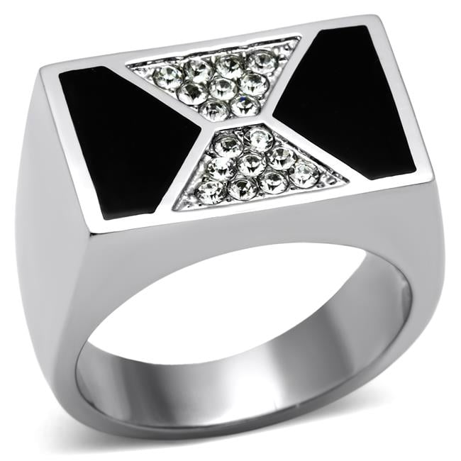 TK708-9 Men High Polished Stainless Steel Ring with Top Grade Crystal in Clear - Size 9