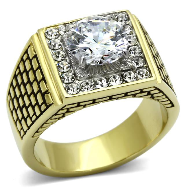 Men Two-Tone IP Gold Stainless Steel Ring with AAA Grade CZ in Clear - Size 11