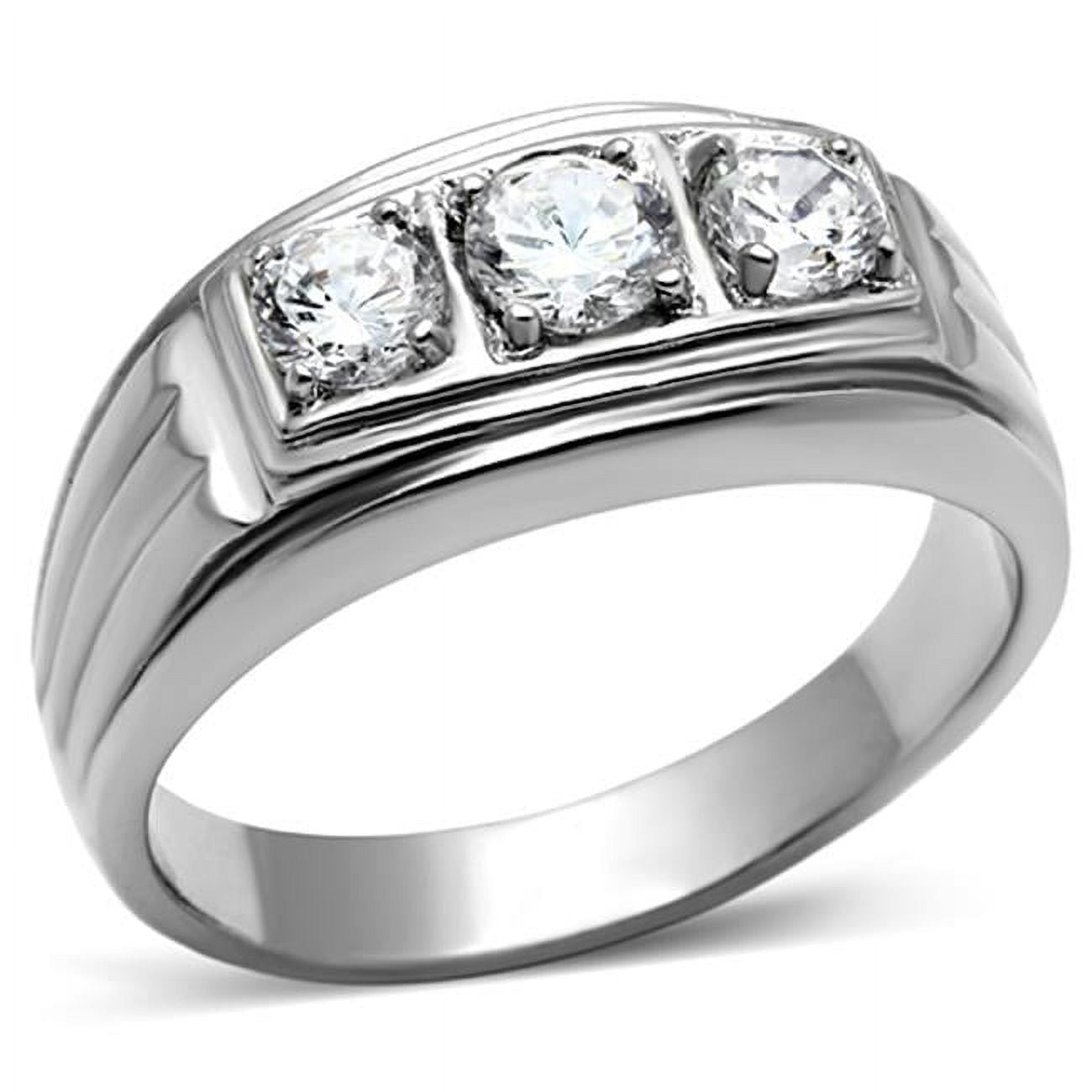 Men High Polished Stainless Steel Ring with AAA Grade CZ in Clear - Size 13