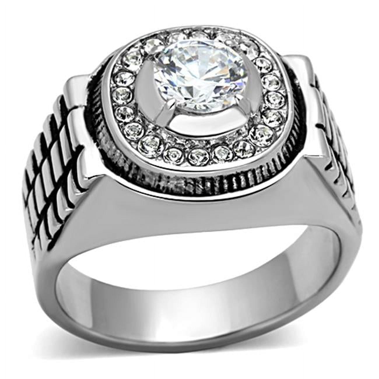 Men High Polished Stainless Steel Ring with AAA Grade CZ in Clear - Size 10