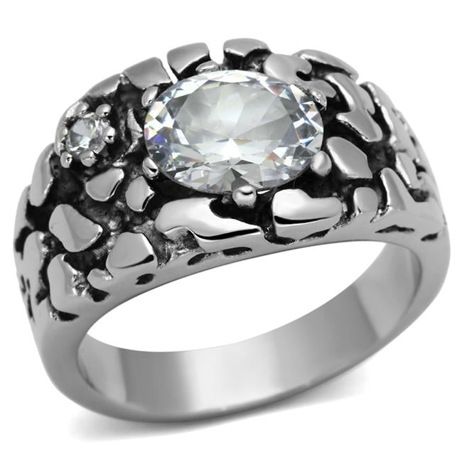 Men High Polished Stainless Steel Ring with AAA Grade CZ in Clear - Size 9