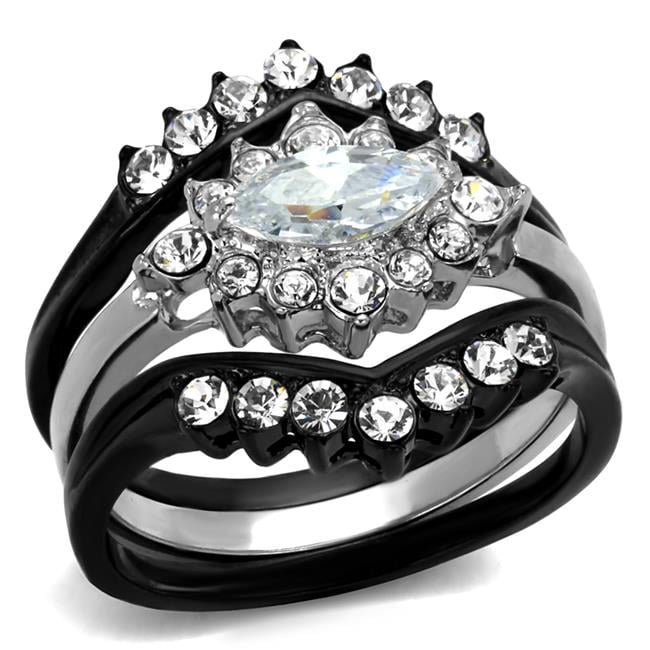 Women Two-Tone IP Black Stainless Steel Ring with AAA Grade CZ in Clear - Size 7