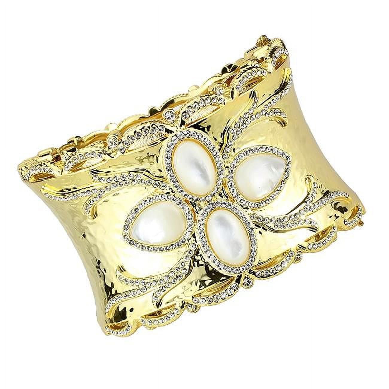 Women Gold Brass Bangle with Synthetic in White - 6.75 in.